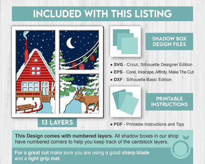 3D SVG Winter Shadow Box, Layered Winter Cabin Svg, Ski Lodge, Reindeer Moose 3D Svg, Christmas Snow Woods 3d Svg, Cricut Silhouette