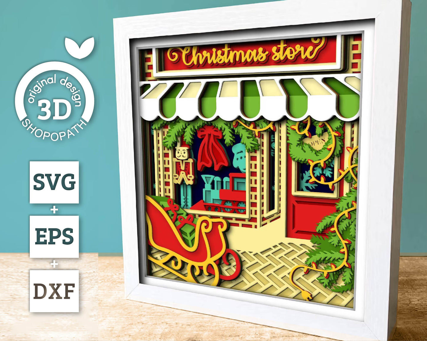 Christmas Store Shadow Box 3D SVG with Santa Sleigh, Christmas Tree and Decorations, Cutting DXF EPS Files for Cricut Silhouette Brother