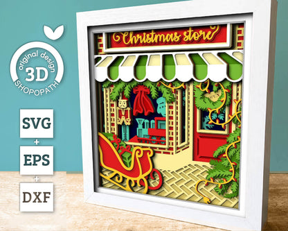 Christmas Store Shadow Box 3D SVG with Santa Sleigh, Christmas Tree and Decorations, Cutting DXF EPS Files for Cricut Silhouette Brother