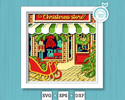 Christmas Store Shadow Box 3D SVG with Santa Sleigh, Christmas Tree and Decorations, Cutting DXF EPS Files for Cricut Silhouette Brother