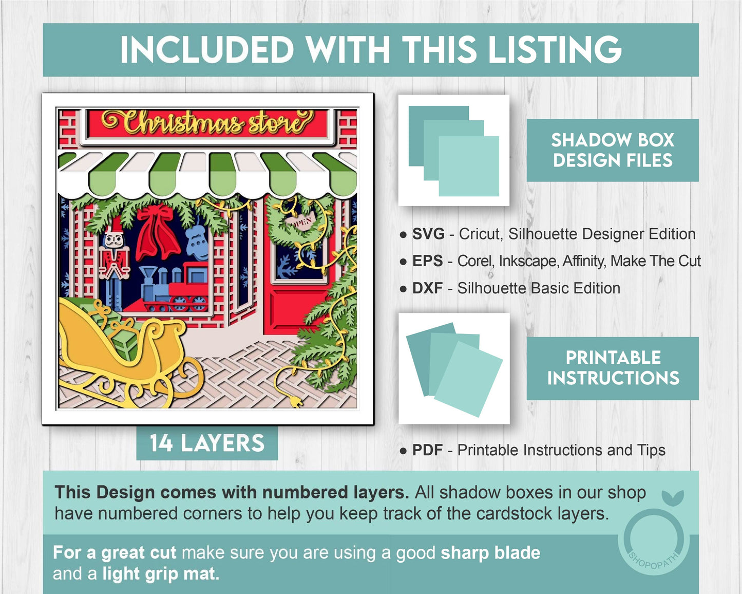 Christmas Store Shadow Box 3D SVG with Santa Sleigh, Christmas Tree and Decorations, Cutting DXF EPS Files for Cricut Silhouette Brother