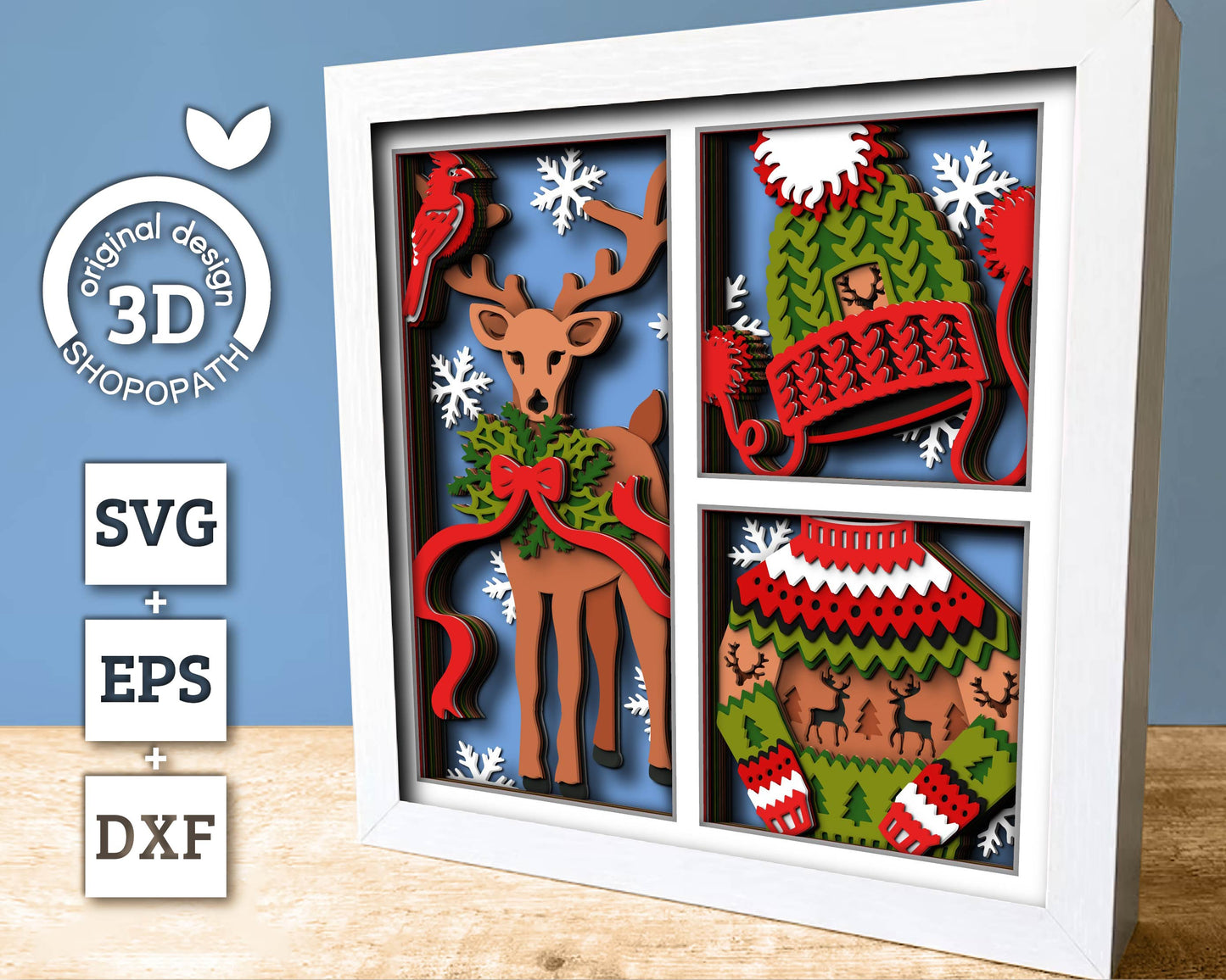 3D SVG Christmas Shadow Box, Layered Winter Svg, Santa Claus Shadow Box, Christmas Sweater 3D Svg, Reindeer 3d Svg, Cricut Silhouette