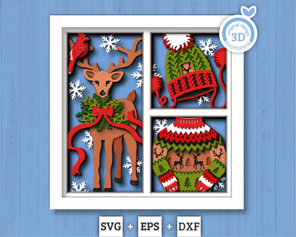 3D SVG Christmas Shadow Box, Layered Winter Svg, Santa Claus Shadow Box, Christmas Sweater 3D Svg, Reindeer 3d Svg, Cricut Silhouette