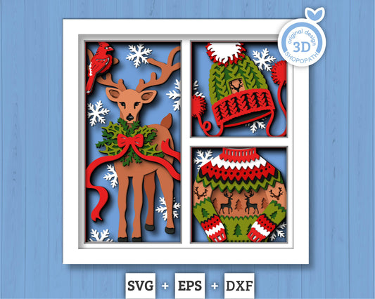3D SVG Christmas Shadow Box, Layered Winter Svg, Santa Claus Shadow Box, Christmas Sweater 3D Svg, Reindeer 3d Svg, Cricut Silhouette