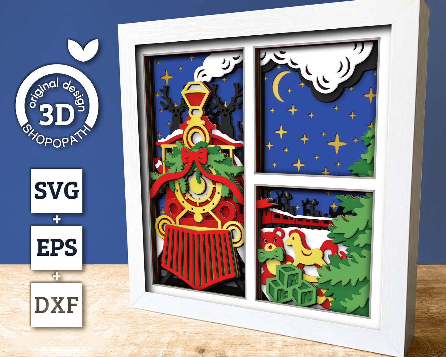 3D SVG Christmas Train Shadow Box, Layered Winter Svg, Santa Claus Shadow Box, Reindeer 3D Svg, Christmas Toys 3d Svg, Cricut Silhouette