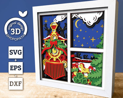 3D SVG Christmas Train Shadow Box, Layered Winter Svg, Santa Claus Shadow Box, Reindeer 3D Svg, Christmas Toys 3d Svg, Cricut Silhouette