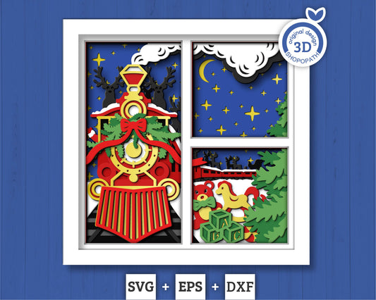 3D SVG Christmas Train Shadow Box, Layered Winter Svg, Santa Claus Shadow Box, Reindeer 3D Svg, Christmas Toys 3d Svg, Cricut Silhouette