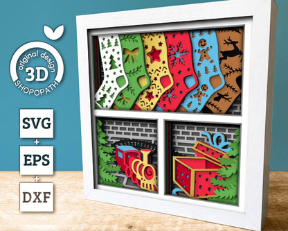3D SVG Christmas Shadow Box, Winter Shadow Box Svg, Christmas Socks 3D Svg, Christmas Trees 3d Svg, Snowflakes svg Cricut Silhouette