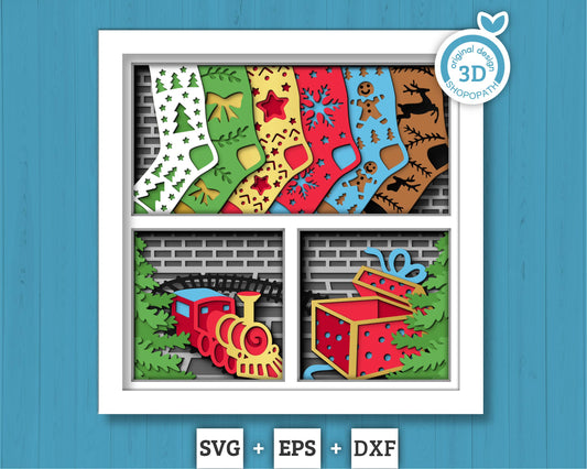 3D SVG Christmas Shadow Box, Winter Shadow Box Svg, Christmas Socks 3D Svg, Christmas Trees 3d Svg, Snowflakes svg Cricut Silhouette