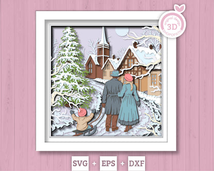 Christmas Village Family Portrait - 3D Shadow Box Layered SVG DXF EPS (Cutting Files)
