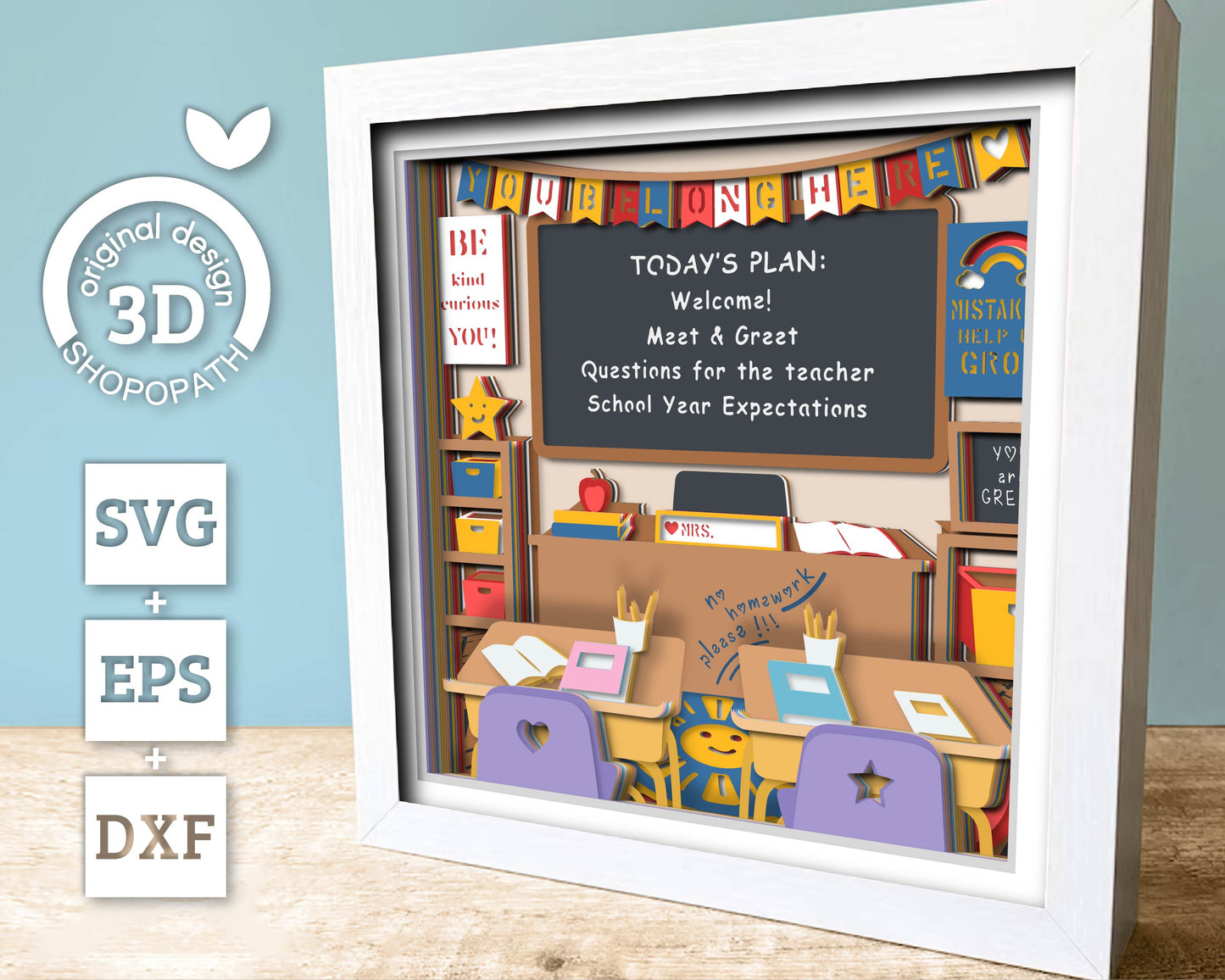 Classroom with Welcome Banner - 3D Shadow Box Layered SVG DXF EPS (Cutting Files)