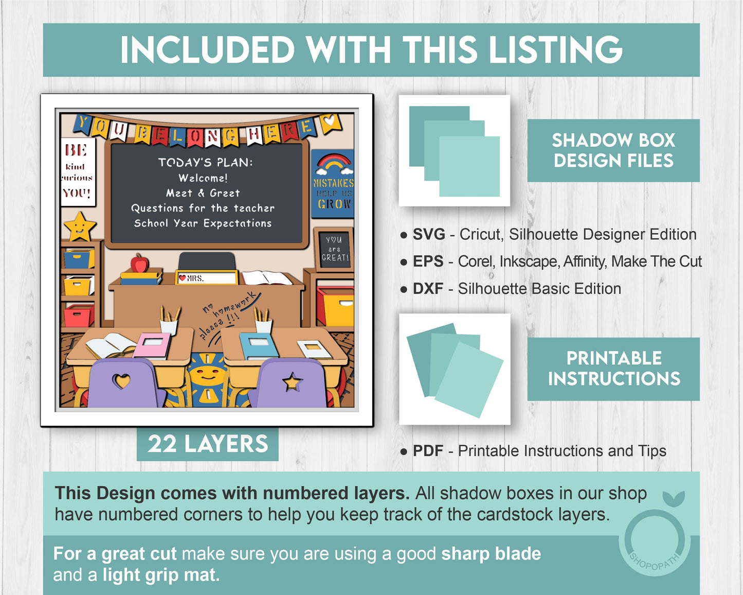 Classroom with Welcome Banner - 3D Shadow Box Layered SVG DXF EPS (Cutting Files)