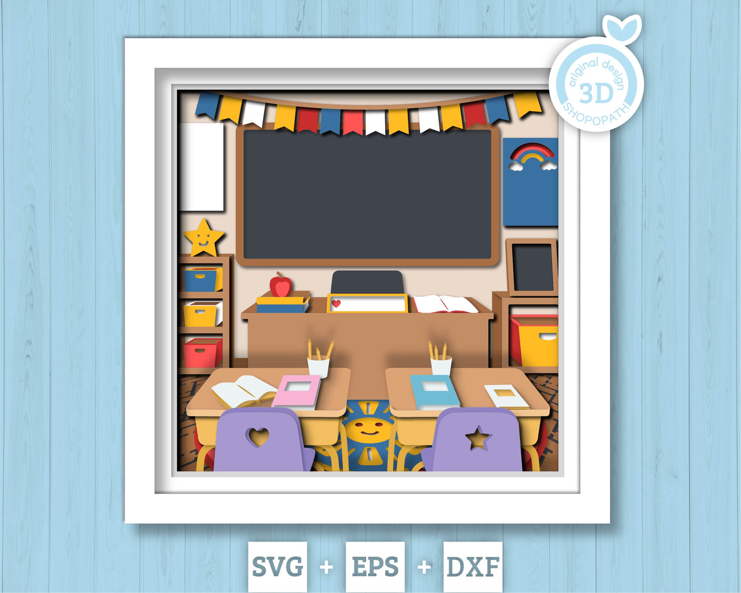 Classroom with Welcome Banner - 3D Shadow Box Layered SVG DXF EPS (Cutting Files)