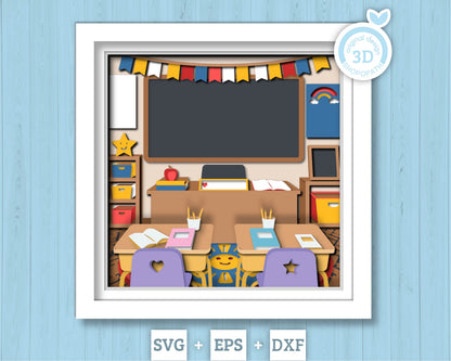 Classroom with Welcome Banner - 3D Shadow Box Layered SVG DXF EPS (Cutting Files)