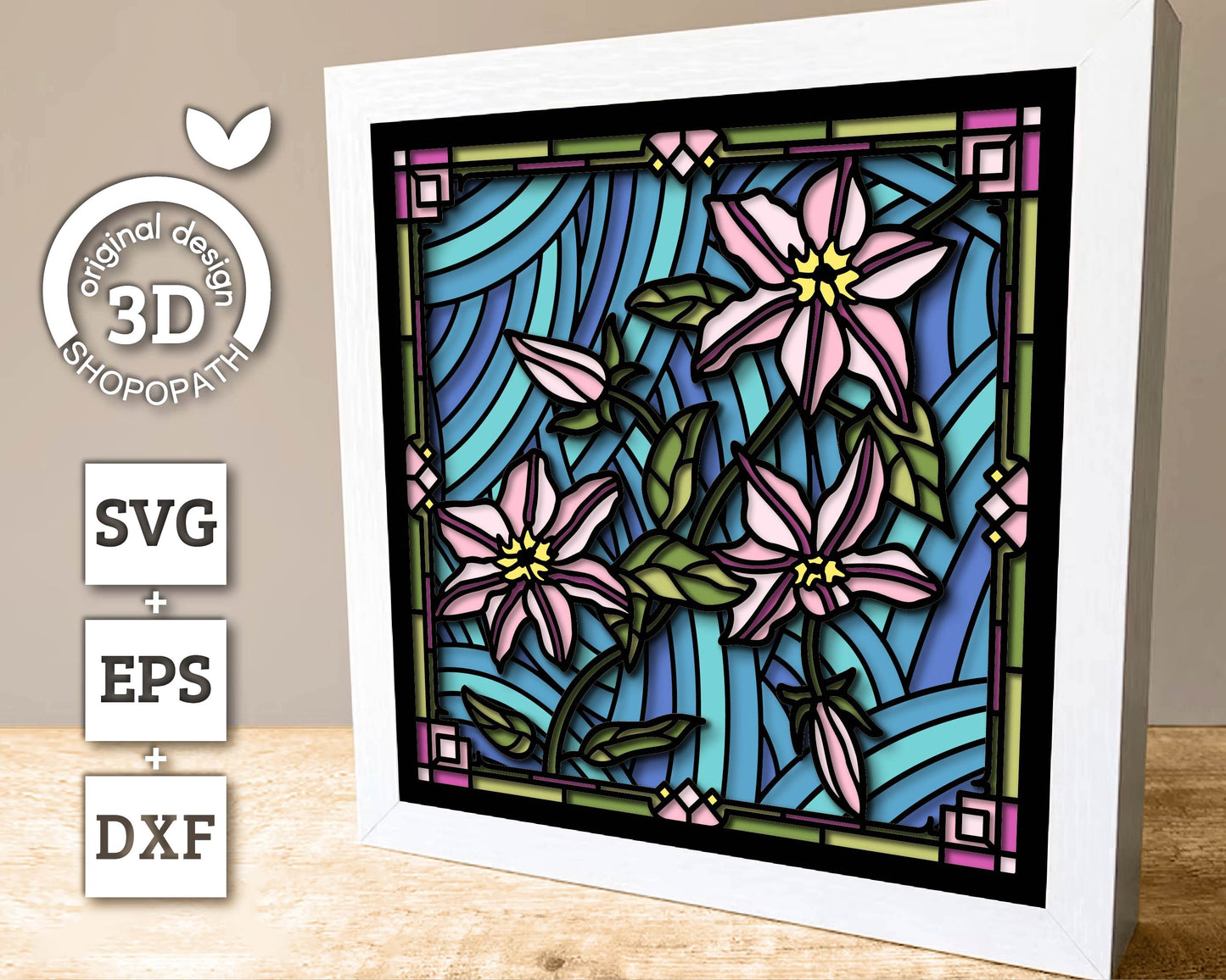 Clematis Flowers Stained Glass - 3D Shadow Box Layered SVG DXF EPS (Cutting Files)