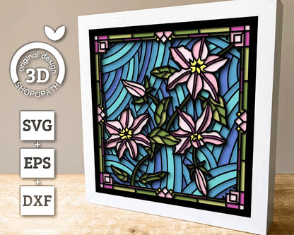Clematis Flowers Stained Glass - 3D Shadow Box Layered SVG DXF EPS (Cutting Files)