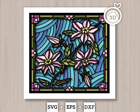 Clematis Flowers Stained Glass - 3D Shadow Box Layered SVG DXF EPS (Cutting Files)