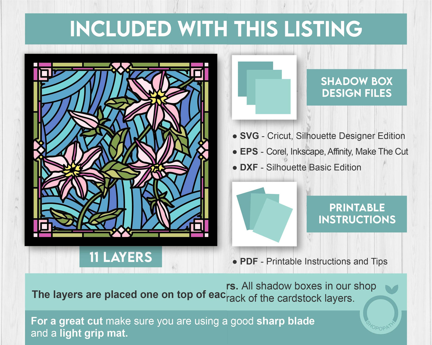 Clematis Flowers Stained Glass - 3D Shadow Box Layered SVG DXF EPS (Cutting Files)
