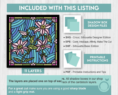 Clematis Flowers Stained Glass - 3D Shadow Box Layered SVG DXF EPS (Cutting Files)