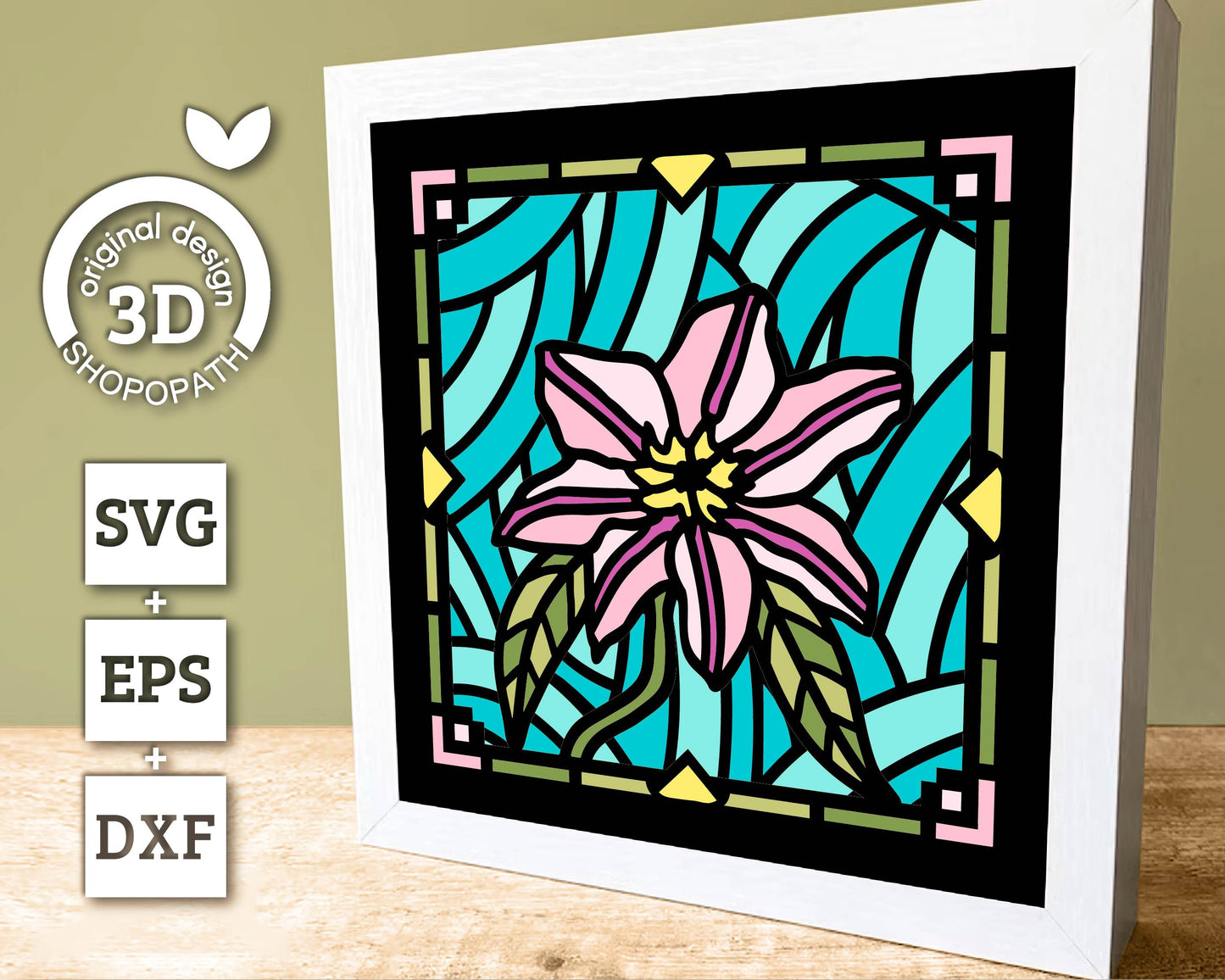 3D SVG Clematis Mini Stained Glass Shadow Box, Clematis 3d svg, 3D Flowers svg, 3D SVG Stained Glass, Shadow Box svg, Cricut Silhouette