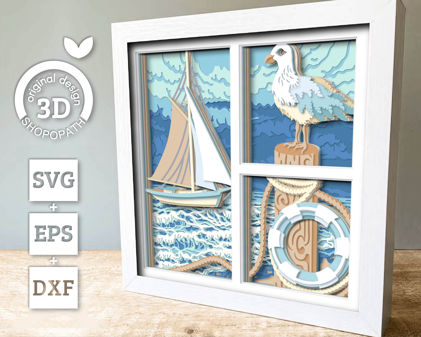 Sailing Boat with Seagull - 3D Shadow Box Layered SVG DXF EPS (Cutting Files)