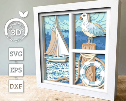 Sailing Boat with Seagull - 3D Shadow Box Layered SVG DXF EPS (Cutting Files)