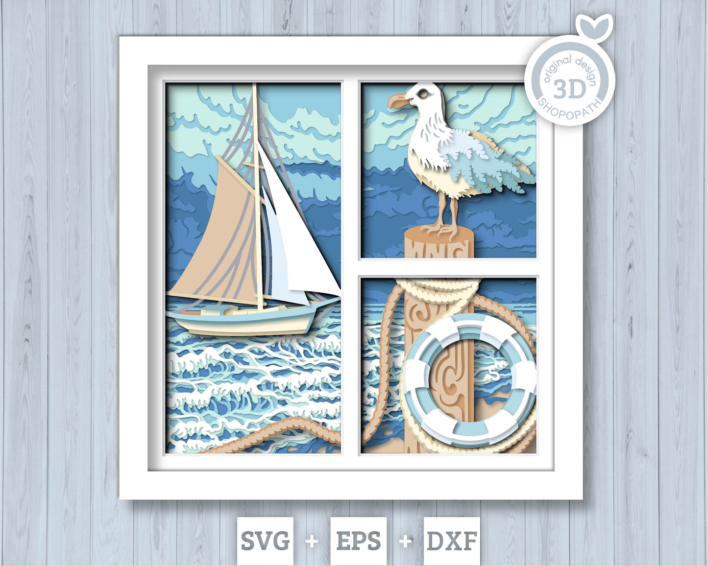 Sailing Boat with Seagull - 3D Shadow Box Layered SVG DXF EPS (Cutting Files)