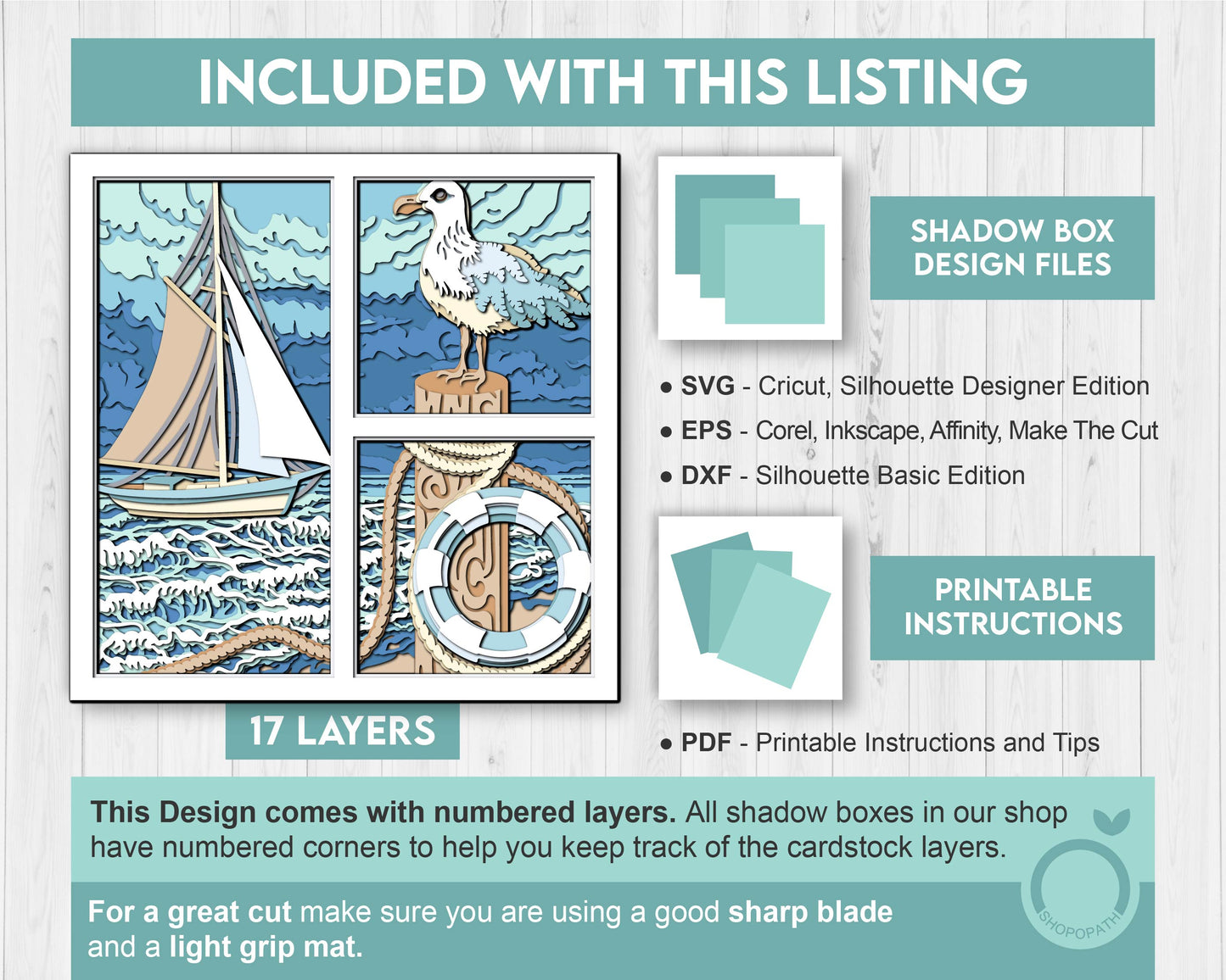 Sailing Boat with Seagull - 3D Shadow Box Layered SVG DXF EPS (Cutting Files)