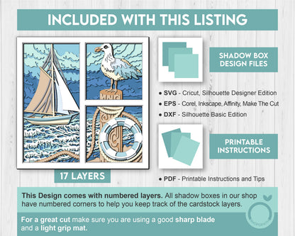 Sailing Boat with Seagull - 3D Shadow Box Layered SVG DXF EPS (Cutting Files)