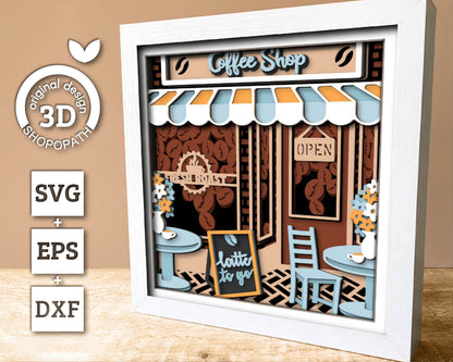 Coffee Shop 3D SVG Shadow Box with Latte, Cappuccino and Flowers, Papercut Cutting DXF EPS Files for Cricut Silhouette Brother
