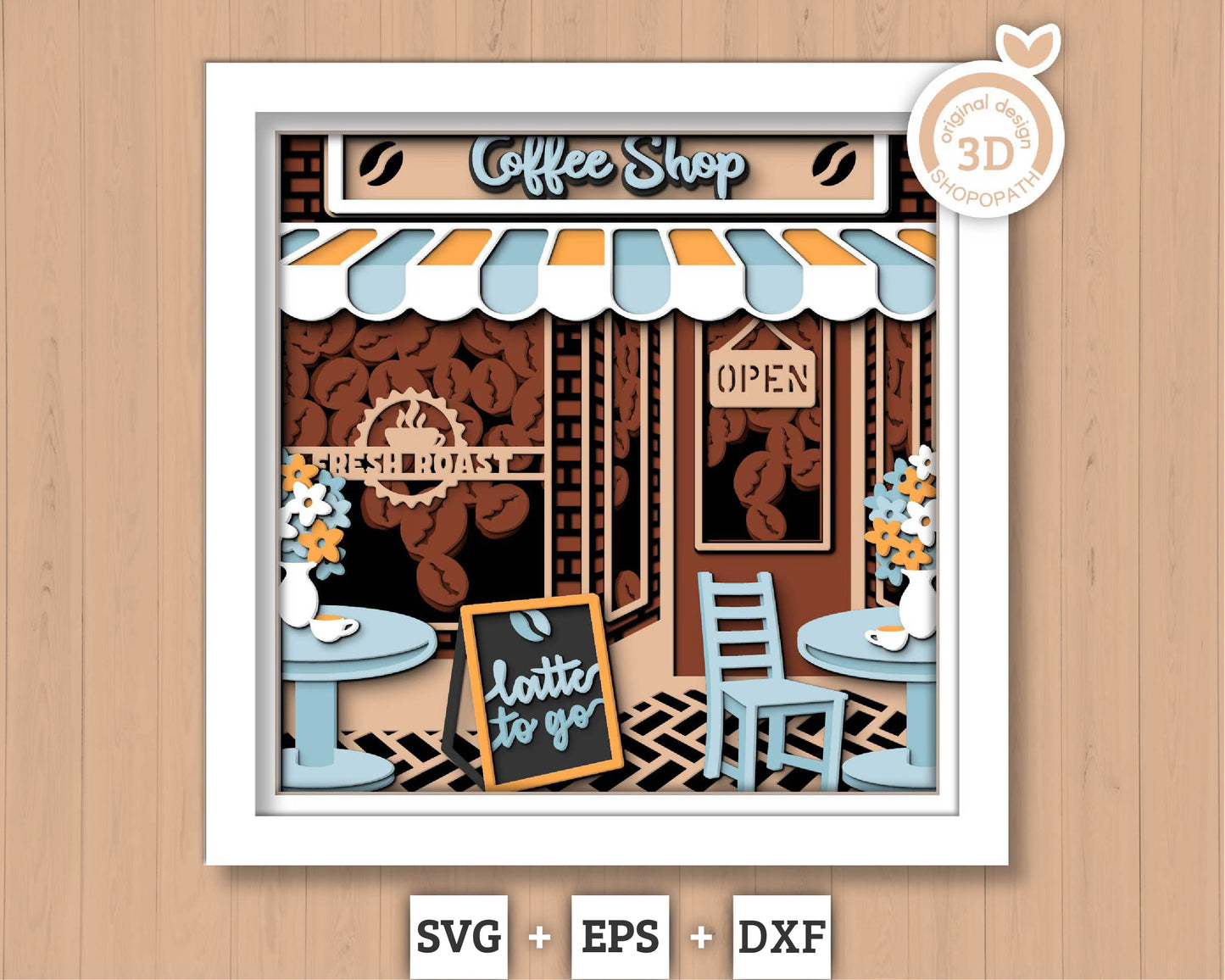 Coffee Shop 3D SVG Shadow Box with Latte, Cappuccino and Flowers, Papercut Cutting DXF EPS Files for Cricut Silhouette Brother