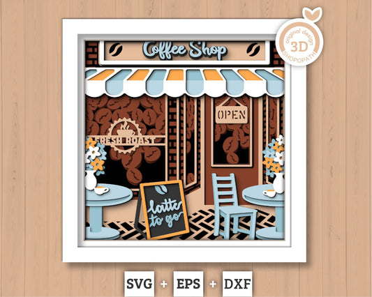Coffee Shop 3D SVG Shadow Box with Latte, Cappuccino and Flowers, Papercut Cutting DXF EPS Files for Cricut Silhouette Brother