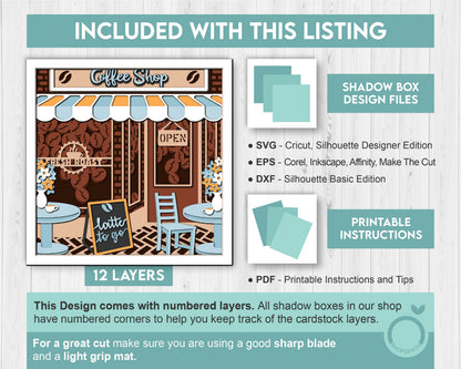 Coffee Shop 3D SVG Shadow Box with Latte, Cappuccino and Flowers, Papercut Cutting DXF EPS Files for Cricut Silhouette Brother
