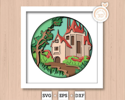 3D Layered Castle SVG EPS, Fantasy Shadow Box, Country Castle 3D Svg Landscape Layered Papercut svg, Cricut Silhouette