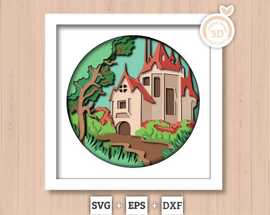 3D Layered Castle SVG EPS, Fantasy Shadow Box, Country Castle 3D Svg Landscape Layered Papercut svg, Cricut Silhouette
