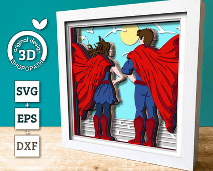 Superhero Couple - 3D Shadow Box Layered SVG DXF EPS (Cutting Files)