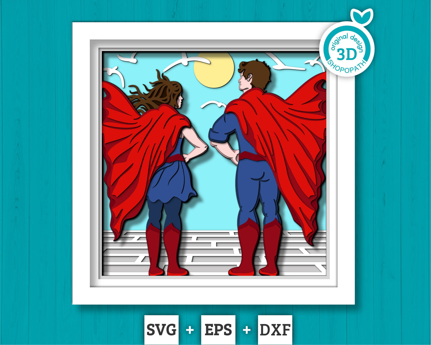 Superhero Couple - 3D Shadow Box Layered SVG DXF EPS (Cutting Files)