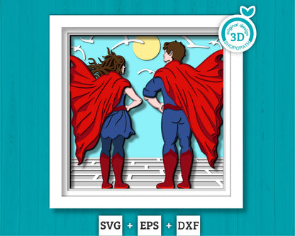 Superhero Couple - 3D Shadow Box Layered SVG DXF EPS (Cutting Files)