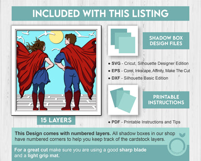 Superhero Couple - 3D Shadow Box Layered SVG DXF EPS (Cutting Files)