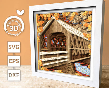 Fall Covered Bridge - 3D Shadow Box Layered SVG DXF EPS (Cutting Files)