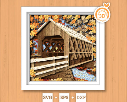 Fall Covered Bridge - 3D Shadow Box Layered SVG DXF EPS (Cutting Files)