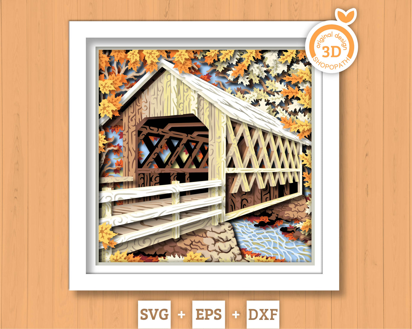 Fall Covered Bridge - 3D Shadow Box Layered SVG DXF EPS (Cutting Files)