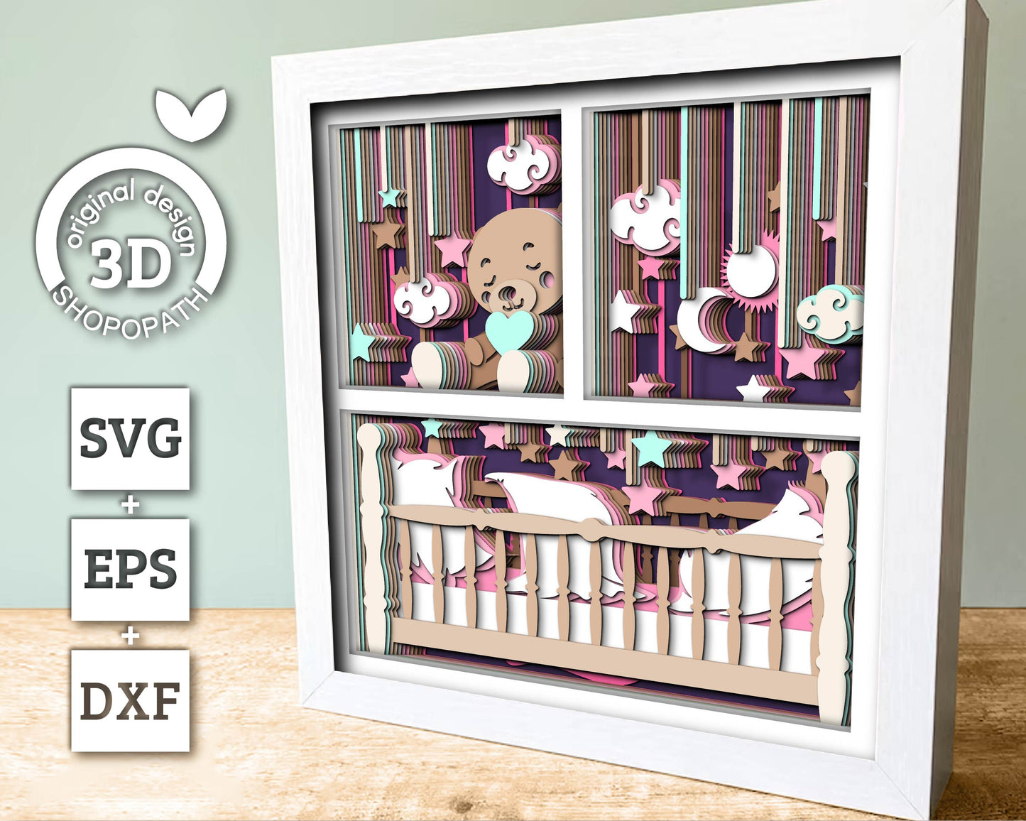 3D Baby Crib Shadow Box SVG, Cute baby 3d svg, Baby Shower 3d SVG, Newborn 3d svg, Teddybear 3D svg, Nursery Room 3d svg, Cricut, Silhouette