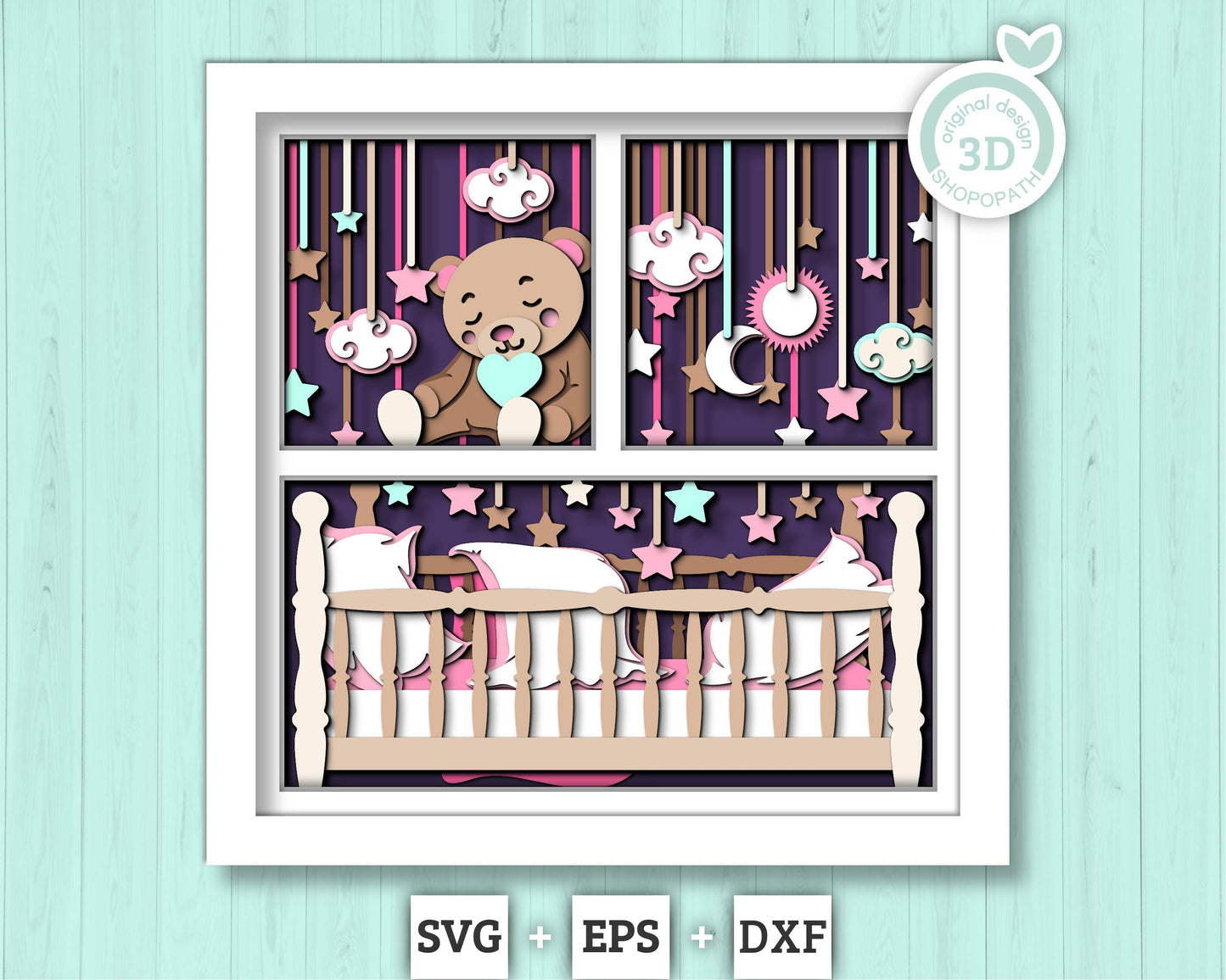 3D Baby Crib Shadow Box SVG, Cute baby 3d svg, Baby Shower 3d SVG, Newborn 3d svg, Teddybear 3D svg, Nursery Room 3d svg, Cricut, Silhouette