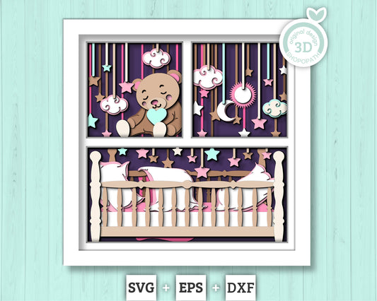 3D Baby Crib Shadow Box SVG, Cute baby 3d svg, Baby Shower 3d SVG, Newborn 3d svg, Teddybear 3D svg, Nursery Room 3d svg, Cricut, Silhouette