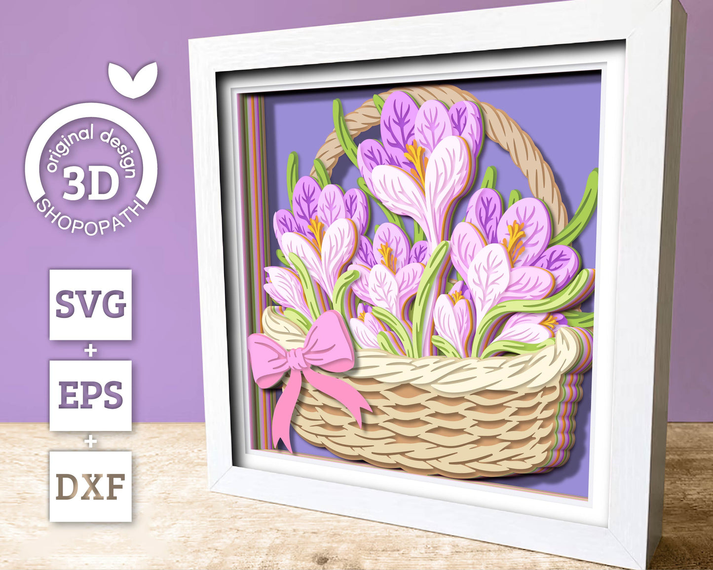 Crocus Flowers in Basket - 3D Shadow Box Layered SVG DXF EPS (Cutting Files)