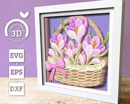 Crocus Flowers in Basket - 3D Shadow Box Layered SVG DXF EPS (Cutting Files)