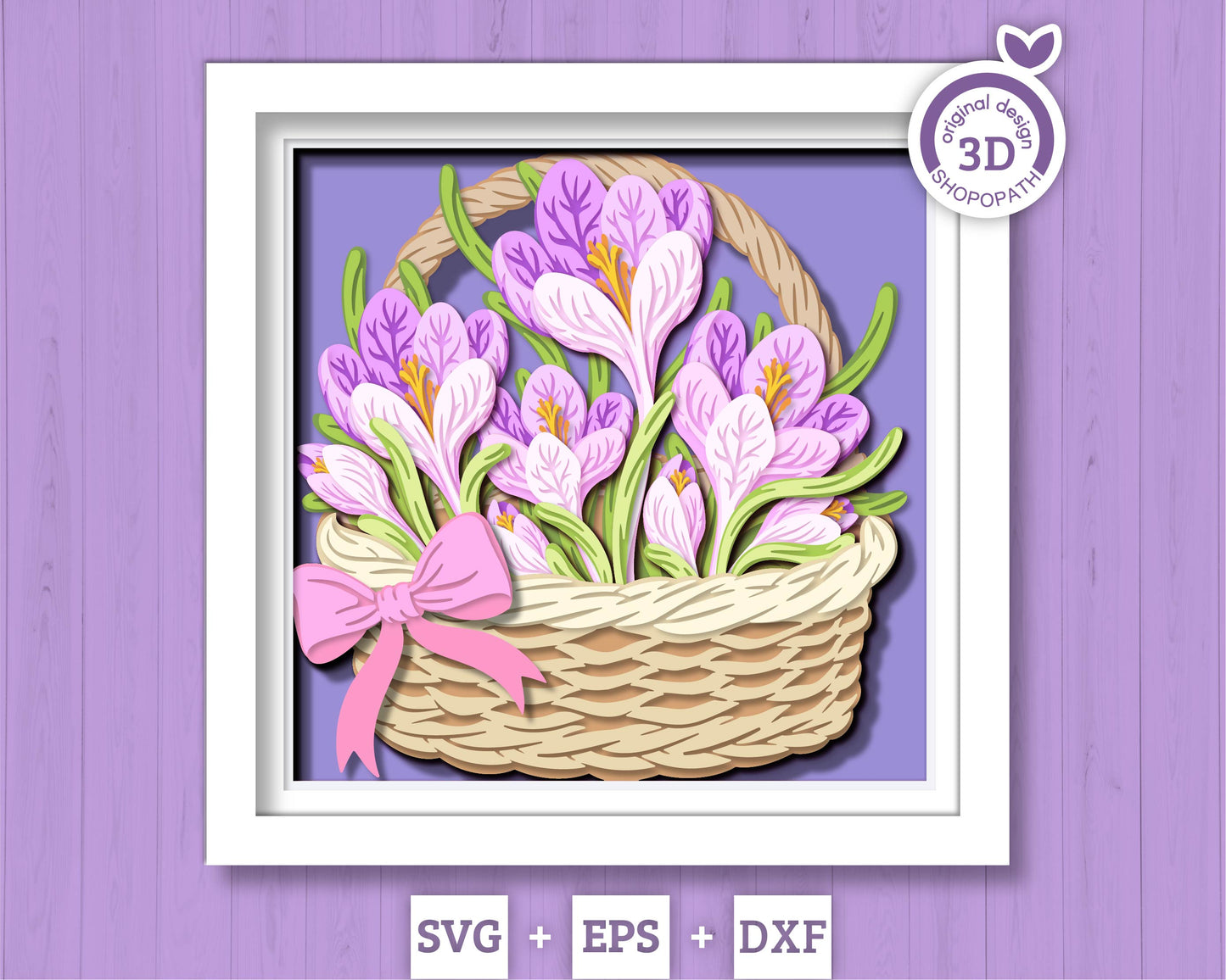 Crocus Flowers in Basket - 3D Shadow Box Layered SVG DXF EPS (Cutting Files)