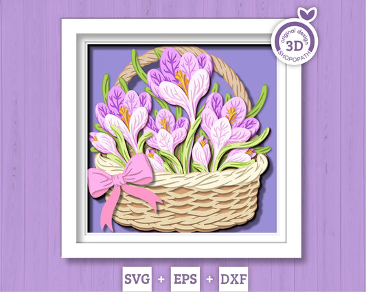 Crocus Flowers in Basket - 3D Shadow Box Layered SVG DXF EPS (Cutting Files)