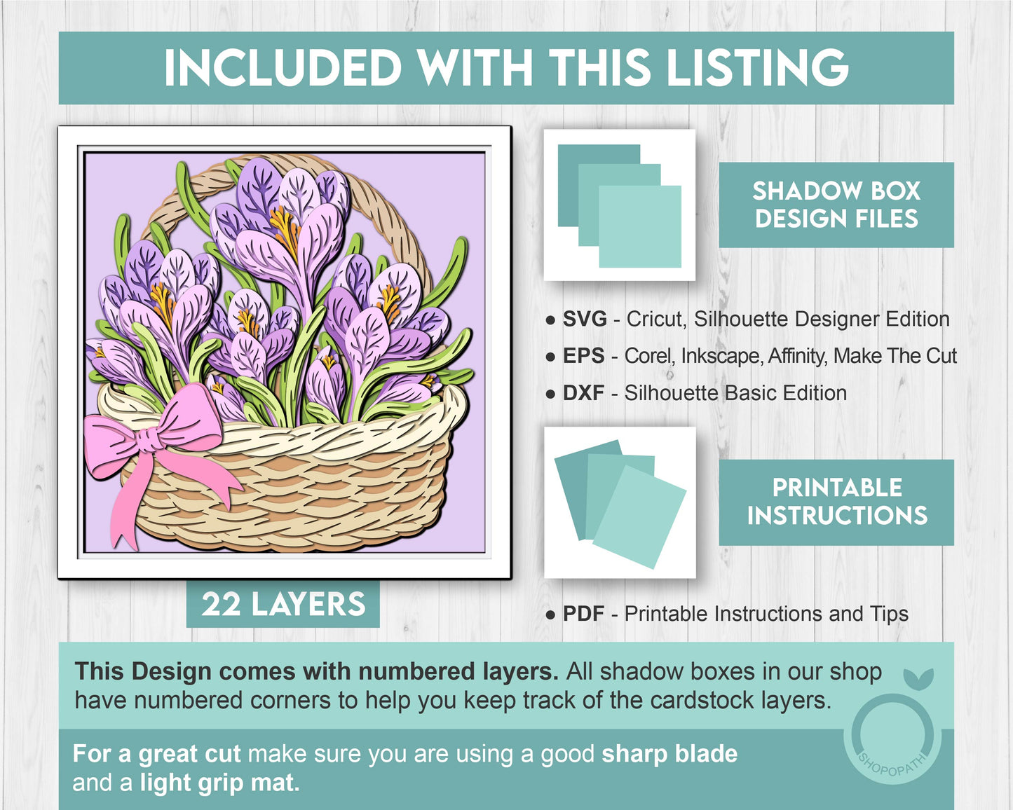 Crocus Flowers in Basket - 3D Shadow Box Layered SVG DXF EPS (Cutting Files)